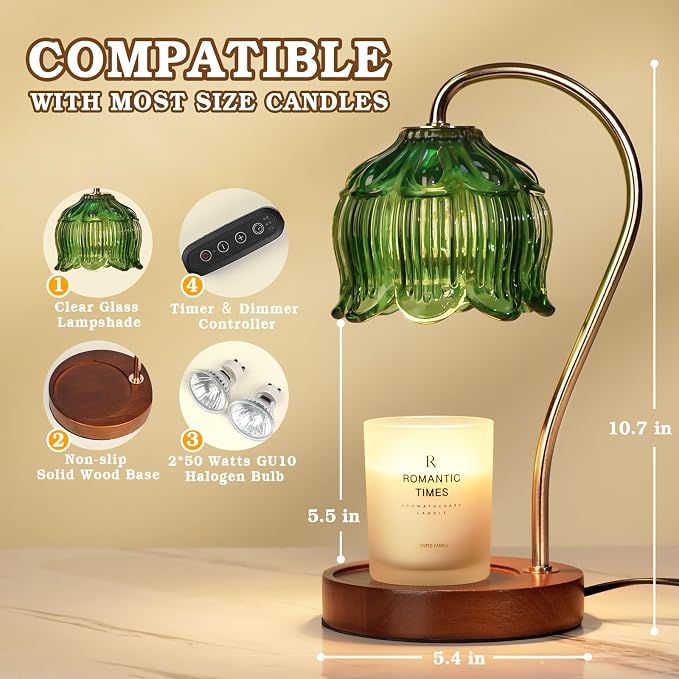 Funistree Green Candle Warmer Lamp with Timer, Christmas Gifts, Dimmable Flower Candle Lamp Warmer, Vintage Birthday Gifts for Women, Mom, Female Friend, Aromatic Candle Light for Yankee Candles