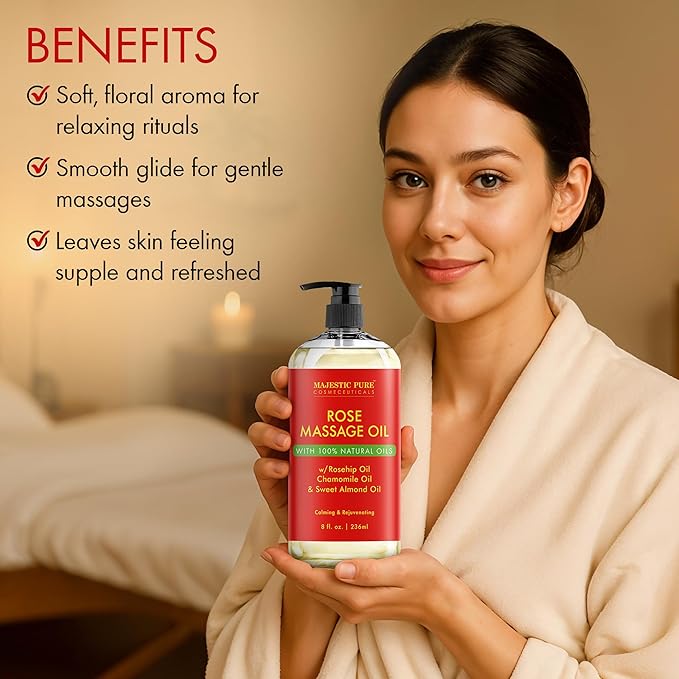 MAJESTIC PURE Rose Massage Oil for Massage Therapy - Refreshing, and Relaxing - Natural Oils - for All Skin Types - Men and Women Massage Lotion- 8 fl oz