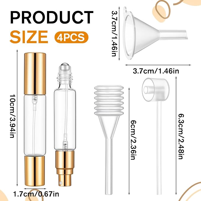 4-Pack Double-Ended Travel Perfume Bottles, 10ml Glass Roll-on & Spray Atomizer Leakproof Kit, Refillable Essential Oil Applicator with Funnel & Dropper for Fragrance, Skincare Serums