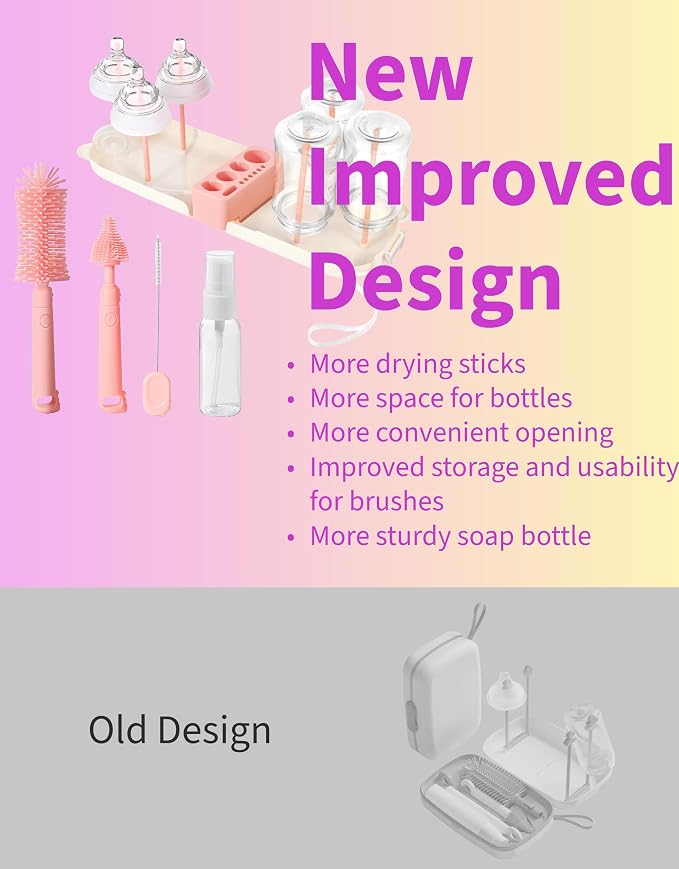 Travel Bottle Cleaner kit, 7in1 Baby Travel Gear Essential Silicone Travel Bottle Brush Set Nipple Drying Rack, Straw Breast Pump Cleaning Soap Dispenser Organizer Case Mon Gift (Pink)