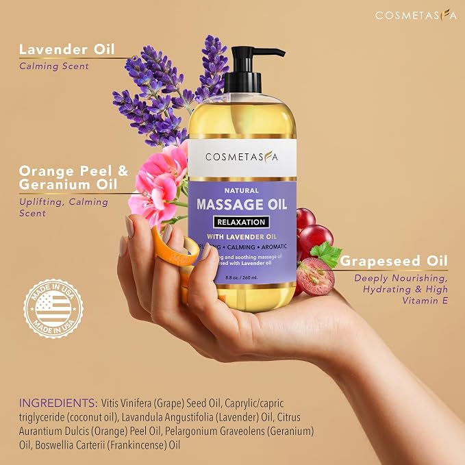 Cosmetasa Lavender Massage Oil for Massage Therapy - All Natural, Cruelty-Free & Spa Quality Skin Therapy Oil, Calming & Soothing Care - Lavender, Geranium & Grapeseed Oil (8.8 oz)