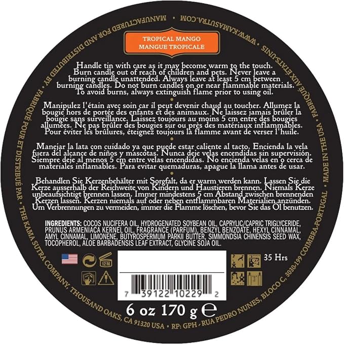 KAMA SUTRA Ignite Massage Candle - Coconut Oil and Soy Based - Tropical Mango Scented, 6 oz Candle Melts into a Warm Massage Oil, Couples Massage, Pour Spout Massage Candle