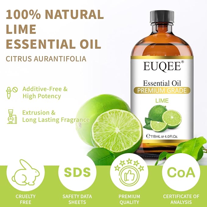 EUQEE Lime Essential Oil 4fl oz Pure Lime Oil Essential Oil with Dropper for Diffusers, DIY Soap & Bath Bombs (118 ml)