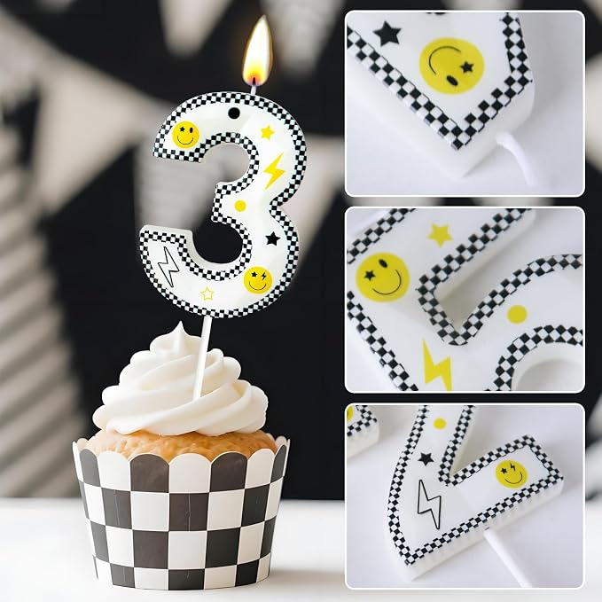 Number 3 Birthday Candle for Cake – 2.7 Inch Large Size Black White Checkered Smiley Design with Lightning & Star – therr Happy Dude Theme Cake Topper Decoration