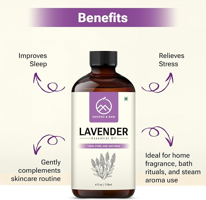 Lavender Essential Oil – Lavender Oil for Diffuser, Aromatherapy, Sleep, Skin & Hair – Large 4 fl oz with Glass Dropper – ROOTED & RAW