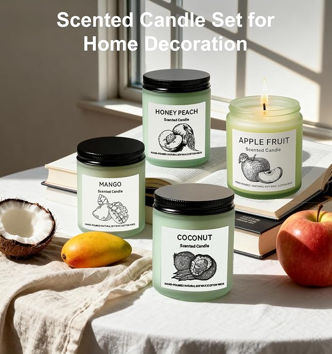 Scented Candle Gift Set, 4 Pack 25oz Soy Wax Candles, 200 Hour Burn Time, Long Lasting Aromatherapy Candles for Home Fragrance, Ideal Gift for Women and Men – Mango, Apple, Peach, Coconut