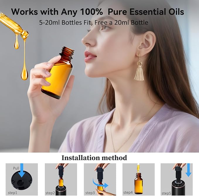 Waterless Essential Oil Diffuser Aromatherapy Scent Diffusers for Home Large Room, Bedroom, Car, Office, Desk, Battery Operated Mini Portable Air Freshener, 3 Countdown Timers & 3 Mist Levels, Gold