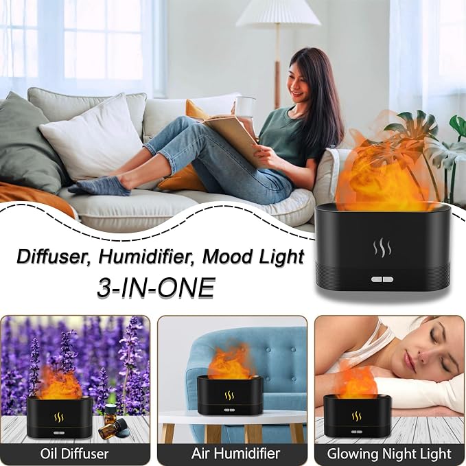 PIZAY Essential Oil Diffuser, Flame Air Humidifier with Fire Led Light - 2 Rightness, 180mL Capacity (8 Hours), Auto-Off Protection Air Diffuser for Home Bedroom Office Gifts(Black)