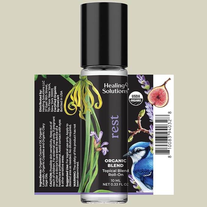Healing Solutions - Organic Rest Blend Essential Oil Roll on Perfume, Calm, Sleep, Essential Oil Roller, Body Oil, Aromatherapy USDA Certified - 10ml