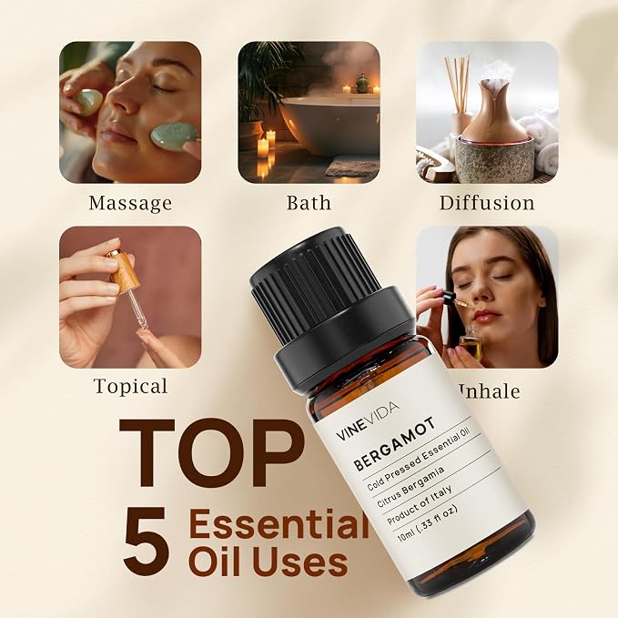 VINEVIDA Bergamot Essential Oil 10 mL - Undiluted, Pure, Vegan, Sustainable, and Recyclable Glass Bottle
