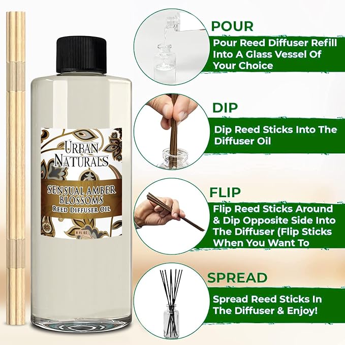 Urban Naturals Reed Diffuser Oil Refill Sensual Amber Blossoms with Jasmine, Freesia, Plum, Orange Blossom, Vanilla 8 oz + Free Reed Sticks, Made in the USA