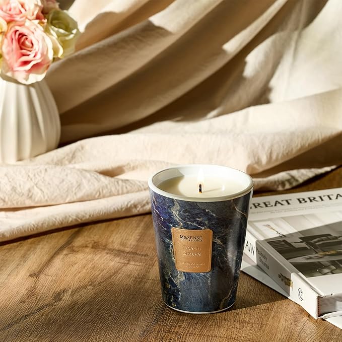 M&SENSE Ocean Breeze Scented Soy Candle, 3 Wick Highly Scented 14.1 Oz 75H, Aromatherapy Christmas Gift for Women and Men