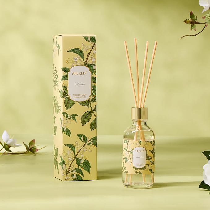Airkeep Reed Diffuser Oil Set with Reed Sticks,Vanilla Aromatherapy Oil Scent Diffuser for Home Office Bathroom Decoration Perfume and Gifts 3.38 oz/100ml