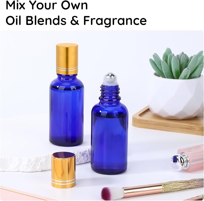Segbeauty 1oz Thick Glass Roller Bottles for Travel Perfume, 5pcs Blue Empty Rollerball Bottles for Oil, 30ml Essential Oil Roller Ball Applicator Refillable, Travel Roll On Bottle for Eye Essence