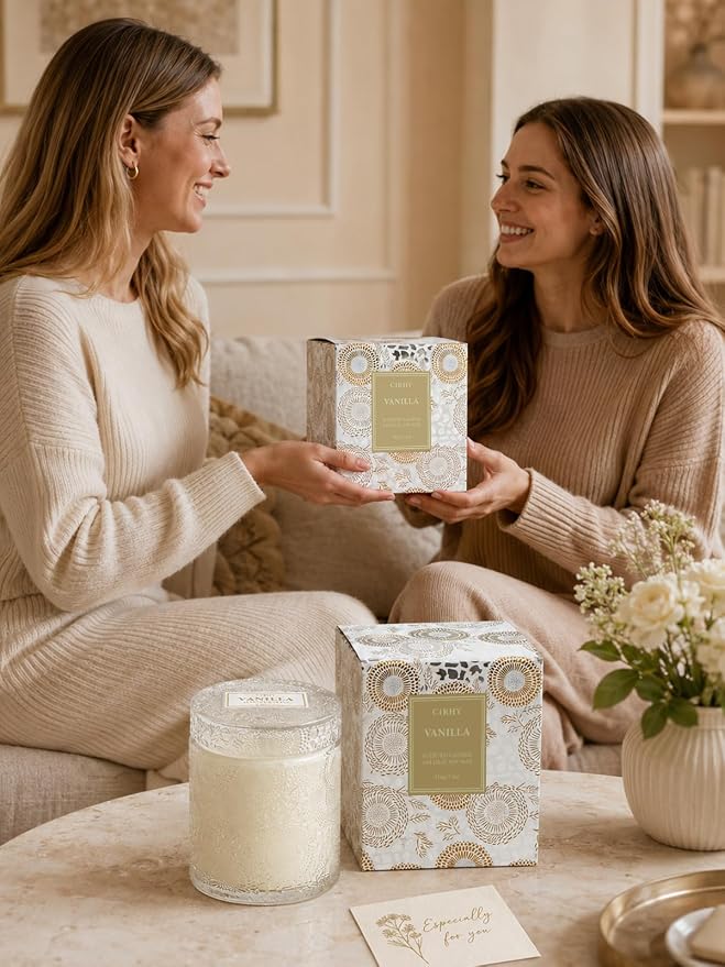 Cirhy Vanilla Scented Candle, White Candle–Home Scented Jar Candle with up to 50 Hour Burn Time, Natural Soy Wax, Dual Cotton Wicks, Aromatherapy for Sleep & Relaxation, Perfect Gifts for Women,7.4oz