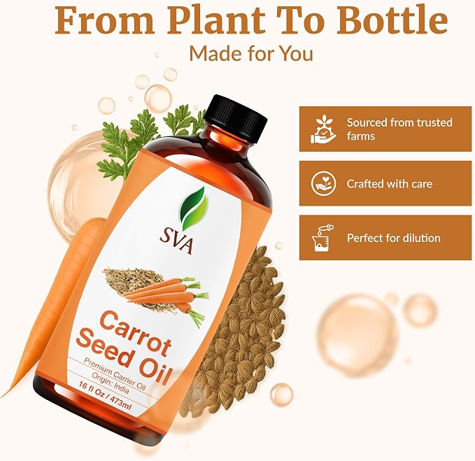 SVA Carrot Seed Oil - 16 Fl Oz – 100% Natural Cold Pressed Carrot Oil - for Face, Skin Care, Hair Care, Scalp Massage & Body Massage – Carrier Oil