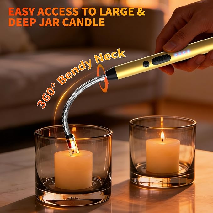 2 Pack Rechargeable Type C Electric Lighters, Gold | Flameless and Windproof, Plasma Arc, 360° Long Reach Flexible Neck, LED Power Display, For Candles, BBQ Grill & Camping