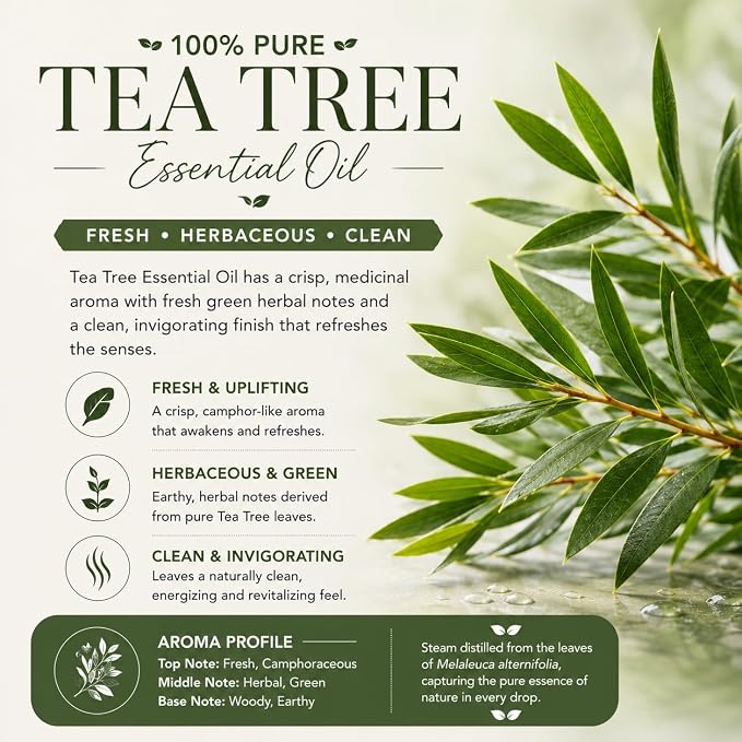 Tea Tree Essential Oil – 4 fl oz (Pack of 2) – 100% Pure & Undiluted – Amber Glass Bottles with Glass Droppers – Natural Cleaning, Diffuser, DIY Use – GreenHealth