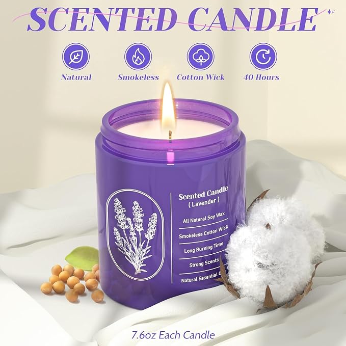 WarmEmbrace Lavender Jar Candles, 7.6 oz Purple Jar Candle, Natural Soy for Women, 80 Hour Long-Lasting Burn Scented for Birthday Home Scented - 2 Pack