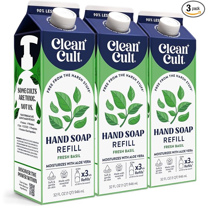 Cleancult Liquid Hand Soap Refill - Fresh Basil - Moisturizes Dry & Sensitive Skin - Made with Aloe Vera & Essential Oils - Eco Friendly - Paper-Based Packaging - 32 oz/3 Pack