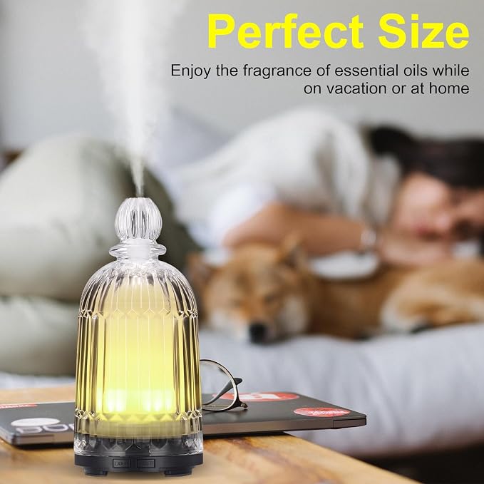 Glass Essential Oil Diffuser, Ultrasonic Aroma Diffuser Glass Cover & Plastic Reservoir with 7 LED Color Changing Light, Auto Shut-Off for Home Office Spa, 120ml(Black Base)