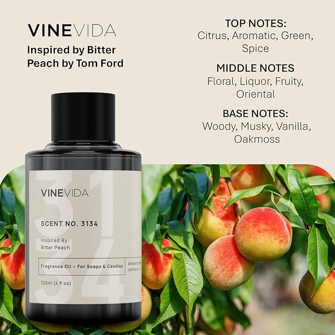 VINEVIDA Scent NO. 3134 Fragrance Oil - 120mL (4oz) - Inspired by: Bitter Peach Fragrance Oil for Candle Making - Made in USA Candle Scents Scents for Soap Making