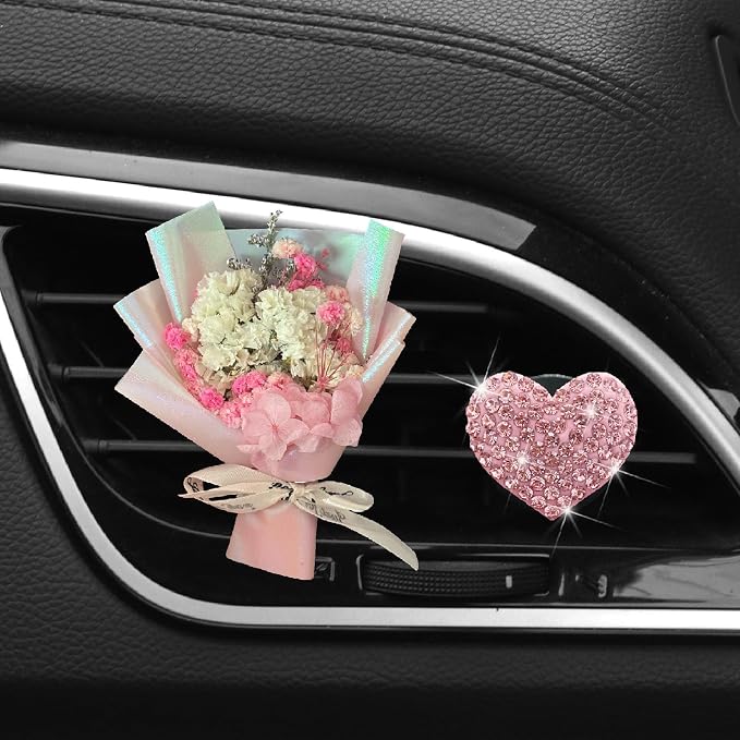 Mini Dried Flowers + Heart Car Vent Clips-Decorative Air Outlet Bouquets with Floral Scent,Fragrance Diffusers for Vehicle Interior Decor,Automotive Air Freshener Decorations (Pink, Random fragrance)