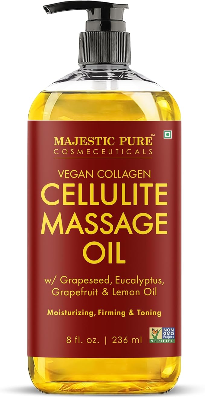 Majestic Pure Firming Body Massage Oil- Helps Smooth the Appearance of Cellulite & Improve Skin Texture- Natural Oils with Collagen- Refreshing Aromatherapy Body Oil for Legs & Full Body - 8 fl oz