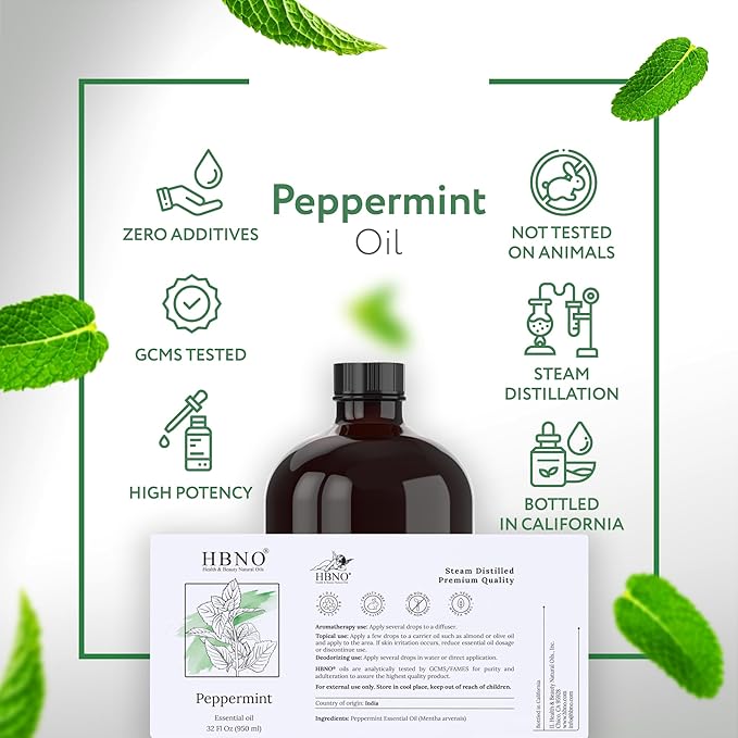 HBNO Peppermint Essential Oil - Huge 32 oz (950ml) Large Size - Ideal for Diffusers, Cleaning Agents, Deodorizers, and Flavoring Agents.