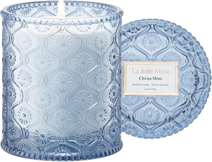 LA JOLIE MUSE Citrus Mint Scented Candles for Home, Natural Soy Wax, 40 Hrs | Luxury Bule Jar Candle, Clean Non Toxic, Gift for Women & Men, Decorative Fresh Candles, Spring Summer Candles, Bergamot Yuzu