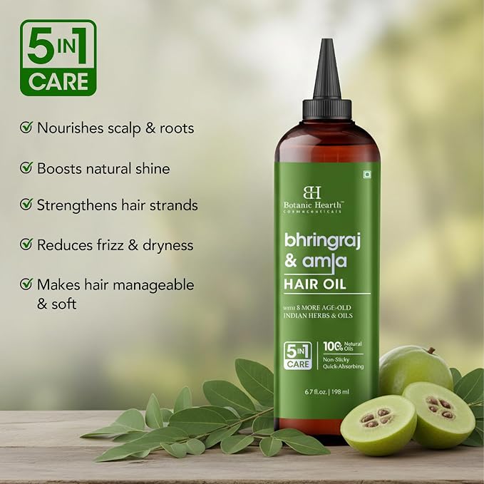 Botanic Hearth Bhringraj & Amla Hair Oil | Nourishing Scalp & Hair Oil for Dry, Frizzy Hair | Supports Fuller-Looking Hair & Shine | Lightweight Botanical Formula | No Harsh Additives | 6.7 fl oz
