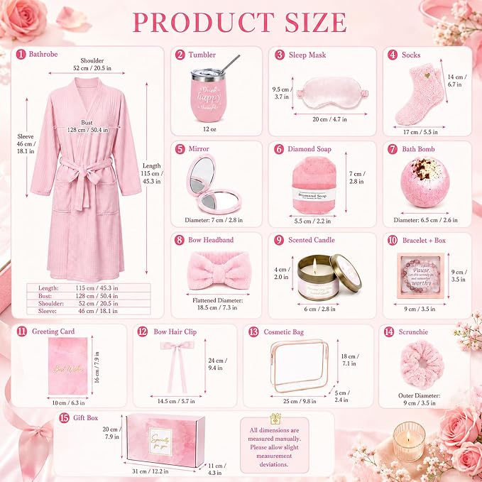 gisgfim 14Pcs Birthday Gifts for Women Spa Gift Basket Set Relaxing Home Products Self Care Kit Includes Mirror Socks Steamers Bath Robe for Women Mother's Day Her Friend Sister Wife Grandma (Pink)