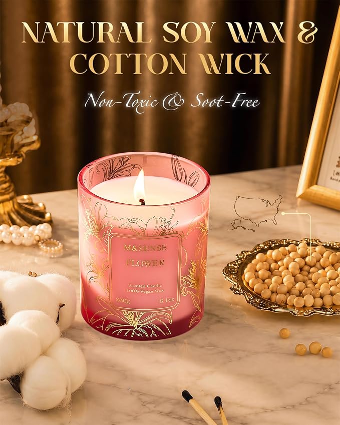 M&SENSE Floral Scented Natural Soy Candles, Romantic Flower Stress Relief Aromatherapy Candle for Women, 8.1oz 42-Hour Non Toxic Natural Candle Gifts for Women
