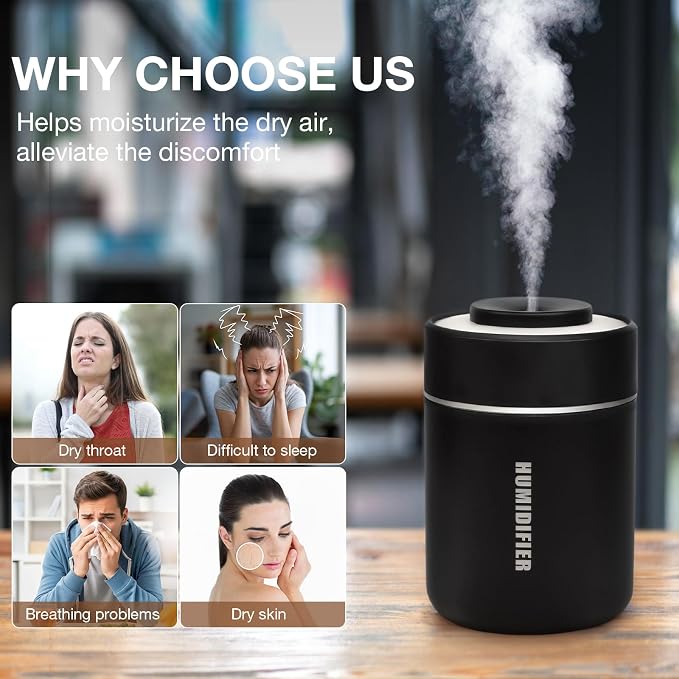 Small Mini Humidifier, USB Desk Cool Mist Humidifier Personal Portable Quiet Table Desktop Humidifiers for Cooling Home Office Car Summer Travel (180ml, Black)