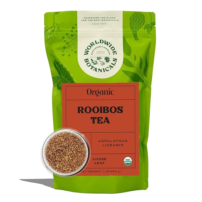 Worldwide Botanicals Organic Red Rooibos Tea – 1lb - 100% South African Aspalathus linearis – Loose Leaf, Cut and Sifted - Resealable Bag for Freshness, 1 Pound Bag