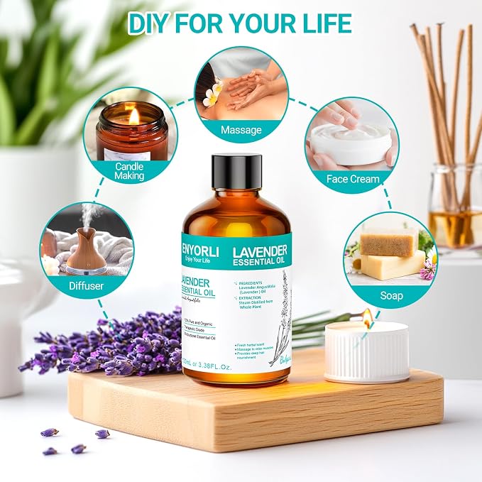 Lavender Essential Oil 3.38 fl oz (100ml), Lavender Oil for Home & Daily Use, for Women & Men, Suitable for Diffuser, Bath & DIY, Large Size for Long-Lasting & Versatile Use