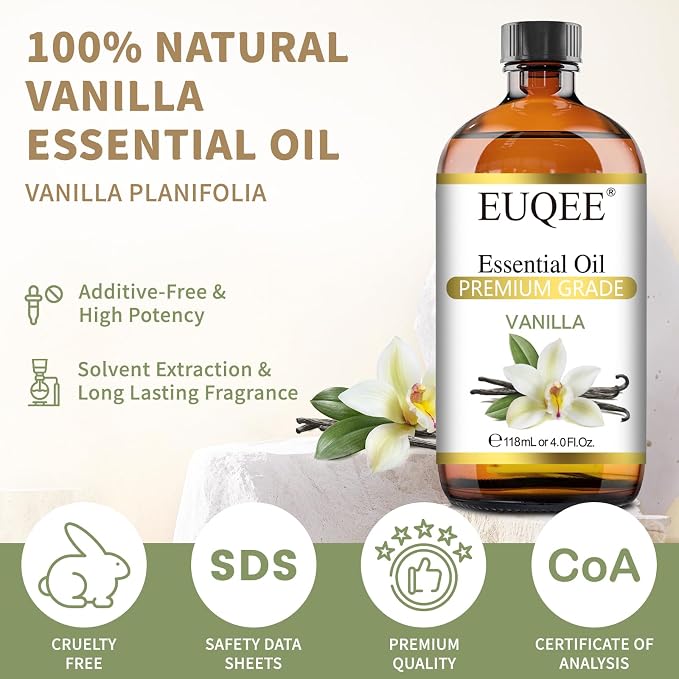 EUQEE Vanilla Essential Oil 118 ml Premium Vanilla Oil with Glass Dropper, Great for Diffusers, Aromatherapy, Candle Making, DIY Soap - 4Fl.Oz