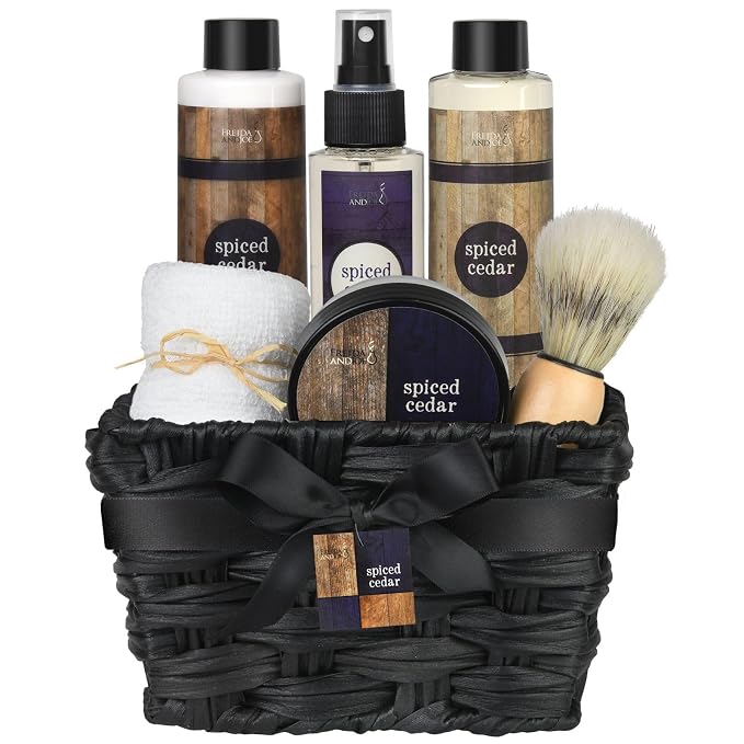 Freida & Joe Spiced Cedar Men's Spa Gift Basket- Self Care Gifts for Him | Shower Gel, Body Lotion, Body Mist, Body Scrub, Beard Brush & Towel