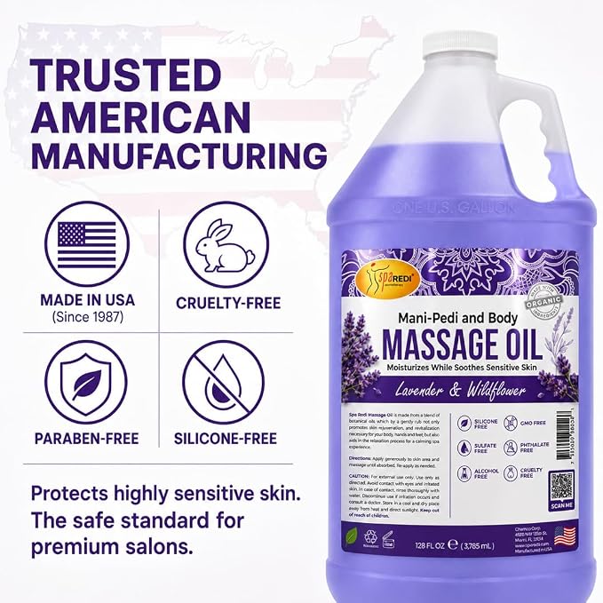 SPA REDI - Massage Oil, Lavender Wildflower, 128 Oz Professional Pedicure, Manicure, Full Body Massage Therapy With Almond Oil, Cotton Seed Oil, Sunflower Oil, Avocado Oil, Essential Oils Pkg May Vary