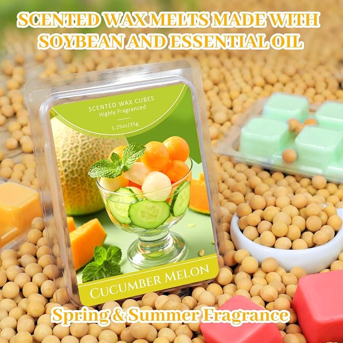 STRN Wax Melts, Soy Wax Cubes 6 Scents Cucumber Melon, Coconut Beach, Pear Blossom, Energizing Citrus, Summer Scented Long-Lasting Home Fragrance for Wax Warmers, Yoga, 1.25 OZ * 6 Packs
