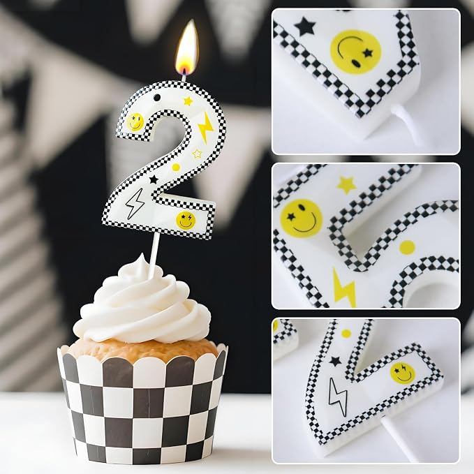 Number 2 Birthday Candle for Cake – 2.7 Inch Large Size Black White Checkered Smiley Design with Lightning & Star – two Happy Dude Theme Cake Topper Decoration
