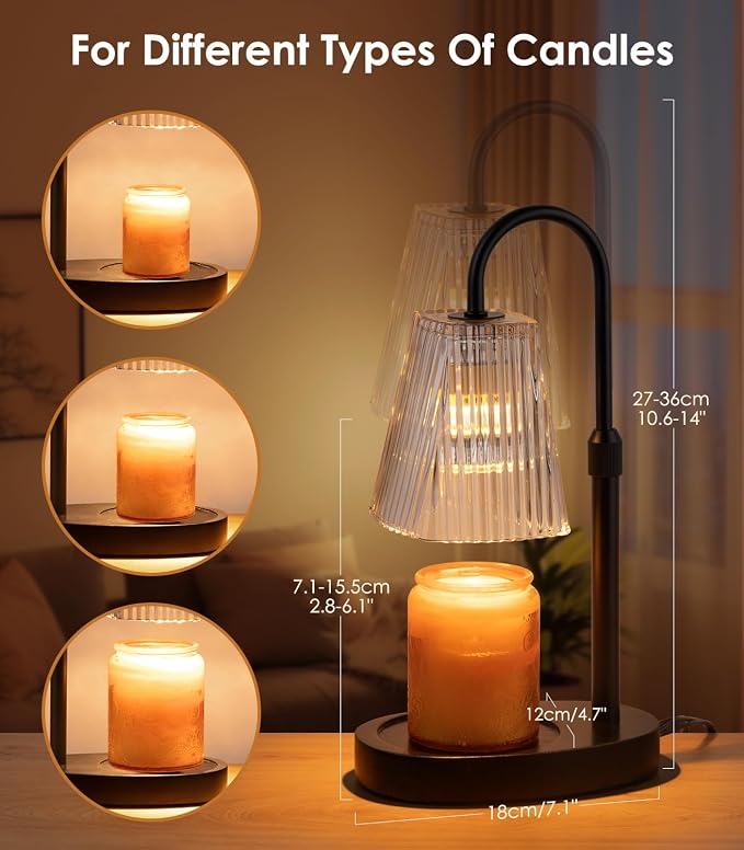 Vanranger Candle Warmer Lamp - Electric Candle Lamps Warmer with Dimmer Adjustable Height Timer Lamp Candles Warmers Glass Vintage Nightstand Lamp Sets with 2 Bulbs（Grey）