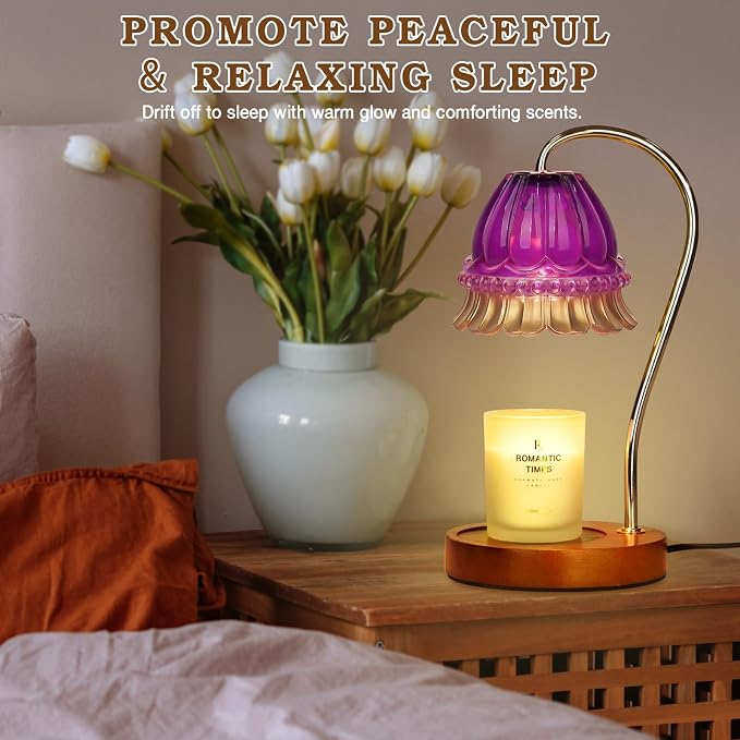 Funistree Flower Candle Warmer Lamp with Timer, Dimmable Candle Lamp Warmer, Christmas Birthday Gifts for Women Mom Her, Housewarming Home Decor, Lotus Wax Warmer for Yankee - Purple Flower 10 Inch