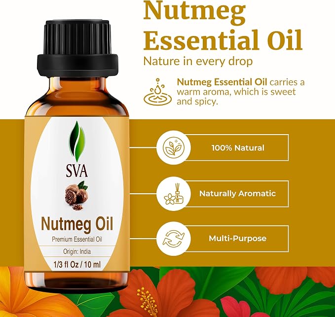 SVA Nutmeg Essential Oil – 1/3 Fl Oz – 100% Natural Nutmeg Oil - for Diffuser, Hair Care, Face, Skin Care, Aromatherapy, Scalp and Body Massage, Soap and Candle Making