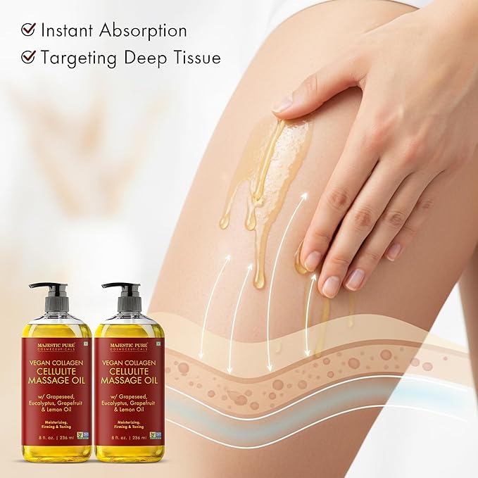 Majestic Pure Cellulite Massage Oil for Massage Therapy- Refreshing and Relaxing- Natural Oils with Grapeseed, Eucalyptus & Lemon Oil- All Skin Types- Men and Women Massage Lotion- 8 fl oz (Pack of 2)