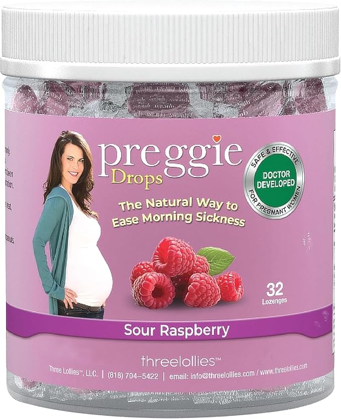 Three Lollies Preggie Drops Pregnancy Nausea Relief Drops with Essential Oils, Morning Sickness and Queasy Stomach Support for Pregnant Women, Sour Raspberry, 32 Count