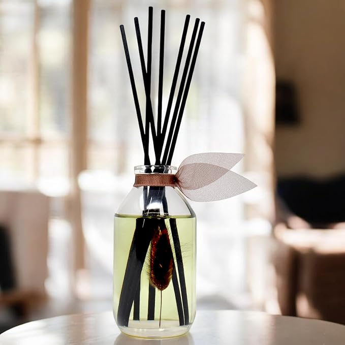Reed Diffuser Set, Santal (Sandalwood) Scented Oil Diffuser with Sticks, Home Fragrance Accessories for Bathroom Shelf Decor, Aroma Diffusers for Home or Office Fall Decor, USA Made