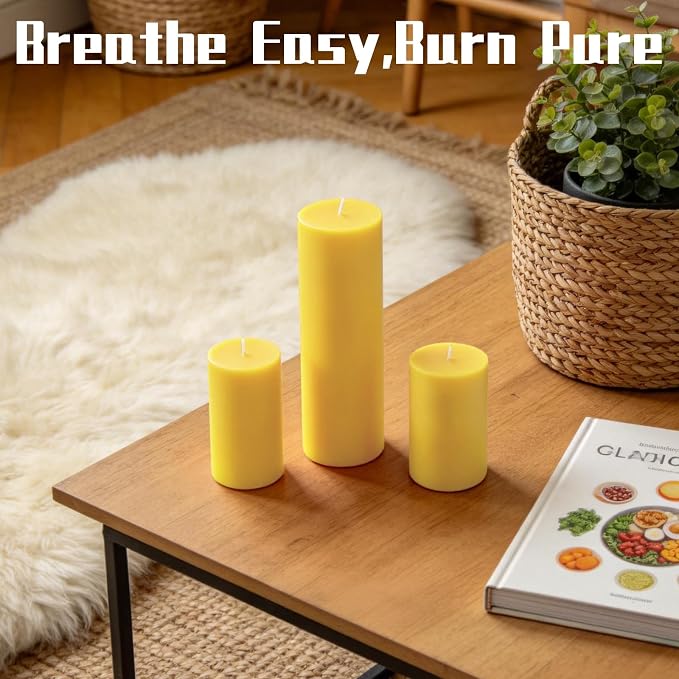 6 Pack Pure Beeswax Pillar Candles, 2x3/6/8 Inch, Natural Mild Honey Scent, Long Burning, Smokeless & Dripless for Home Decor & Prayer