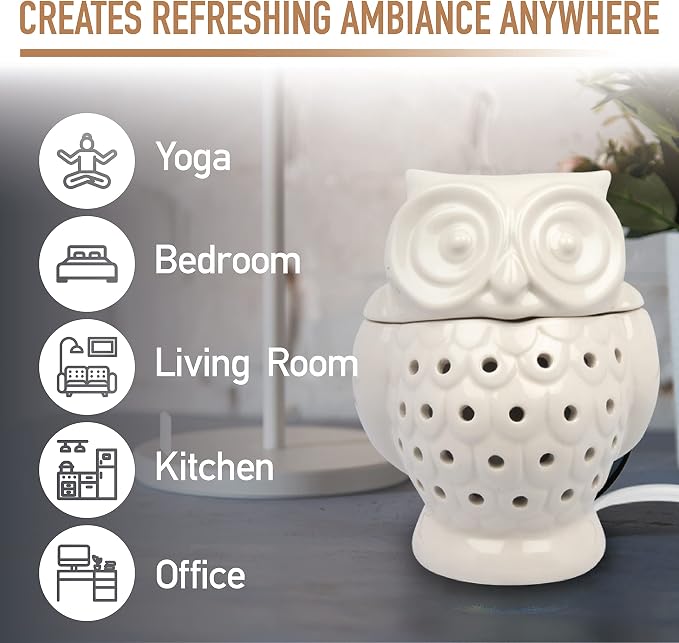 D'Eco Owl Fragrance Wax Melt Warmer - Electric Scented Tart & Candle Warmer w 4 Cinnamon Cubes - Plug-in Halogen Bulb Melts Wax Fills Room w Fresh Scent & Night Light Glow- Holiday Xmas Must Have Gift