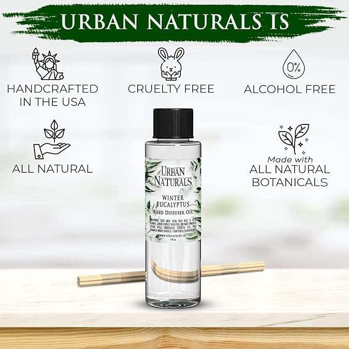 Urban Naturals Reed Diffuser Oil Refill Winter Eucalyptus, Crisp Eucalyptus, Mint, Spruce, Cedar, Essential Oils, 4 oz + Free Reed Sticks, Made in the USA